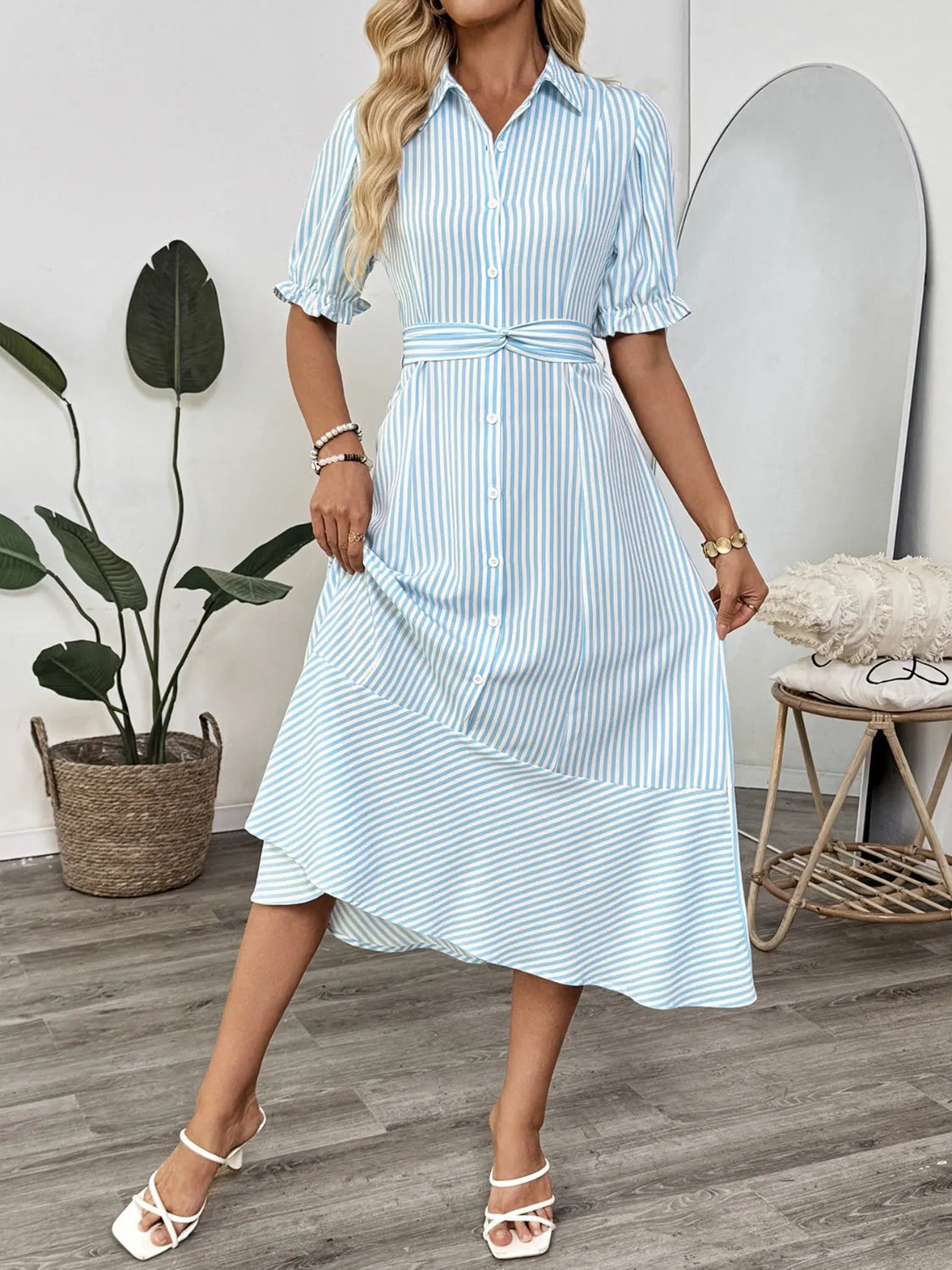 Striped Button-Down Midi Shirt Dress with Ruffle Sleeves