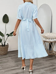 Striped Button-Down Midi Shirt Dress with Ruffle Sleeves