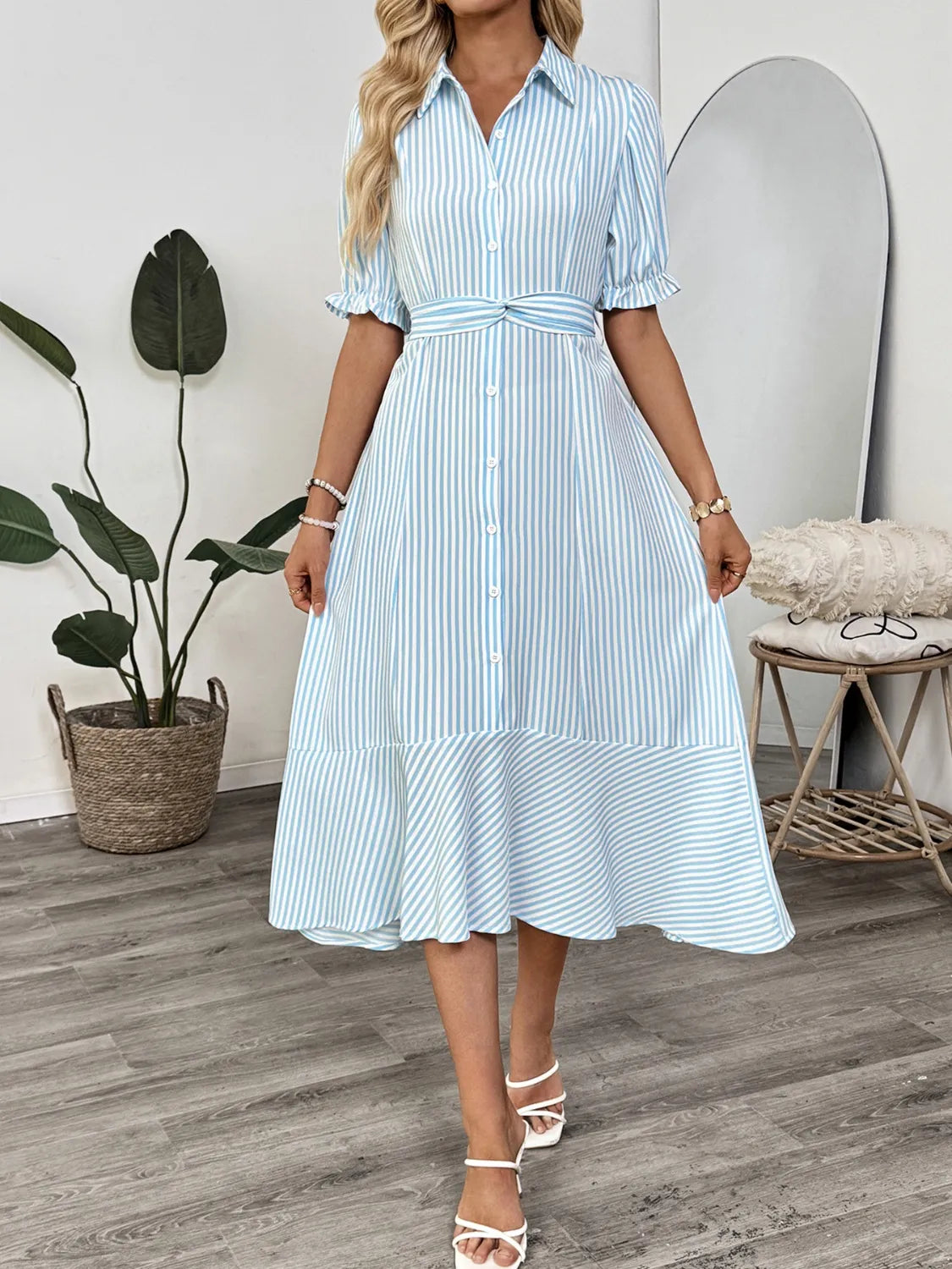 Striped Button-Down Midi Shirt Dress with Ruffle Sleeves