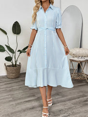 Striped Button-Down Midi Shirt Dress with Ruffle Sleeves