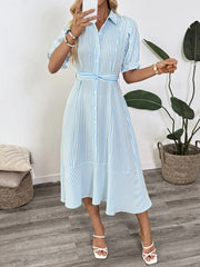 Striped Button-Down Midi Shirt Dress with Ruffle Sleeves