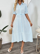 Striped Button-Down Midi Shirt Dress with Ruffle Sleeves Pastel Blue / S
