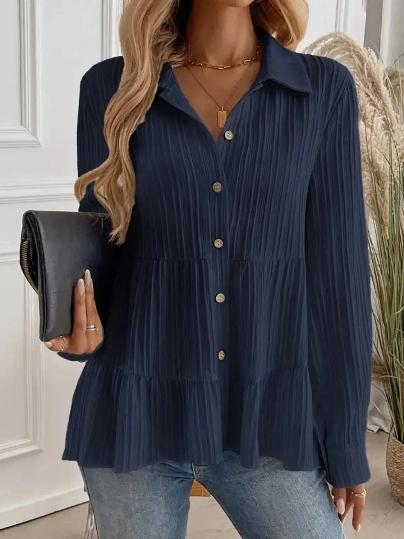 Striped Button-Down Tiered Shirt Navy Blue / S