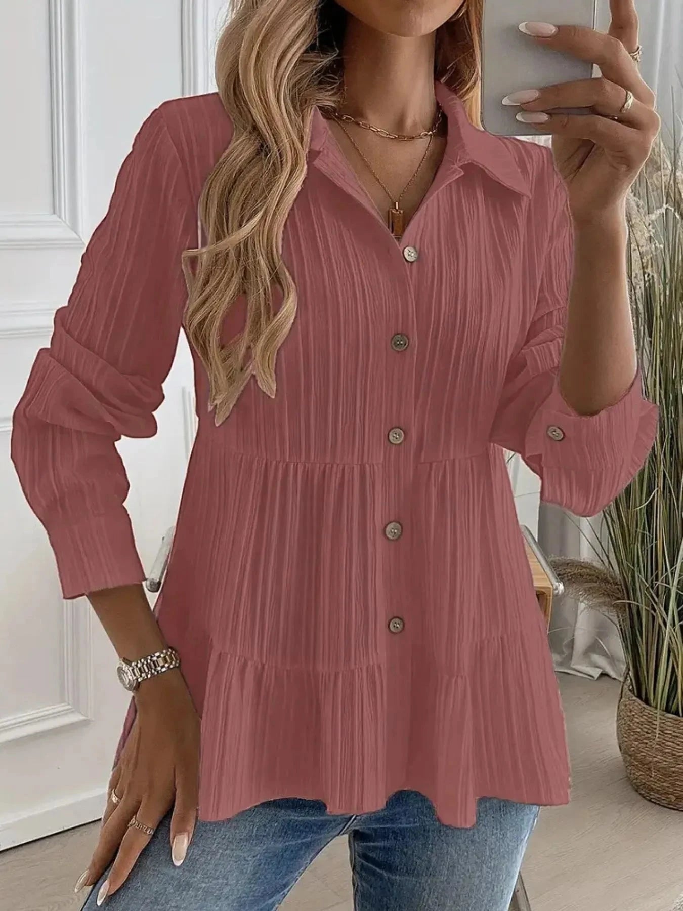 Striped Button-Down Tiered Shirt Peach Color / S