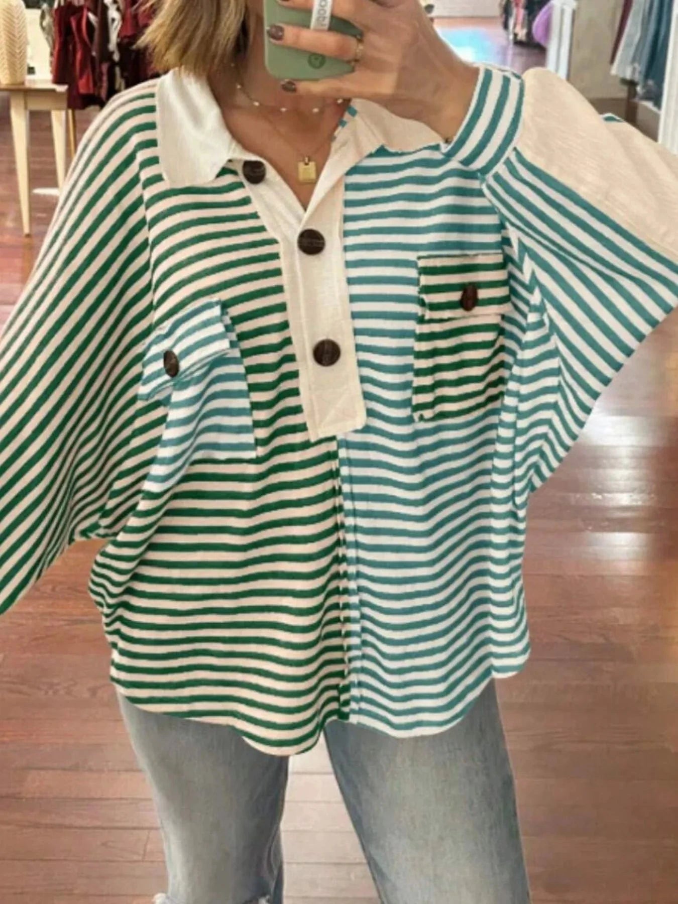 Striped Button Front Casual Top Double Spell Green / S