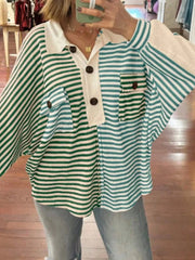Striped Button Front Casual Top Double Spell Green / S