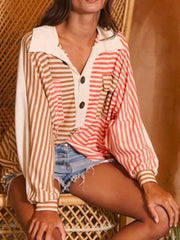 Striped Button Front Casual Top Orange And Red / S