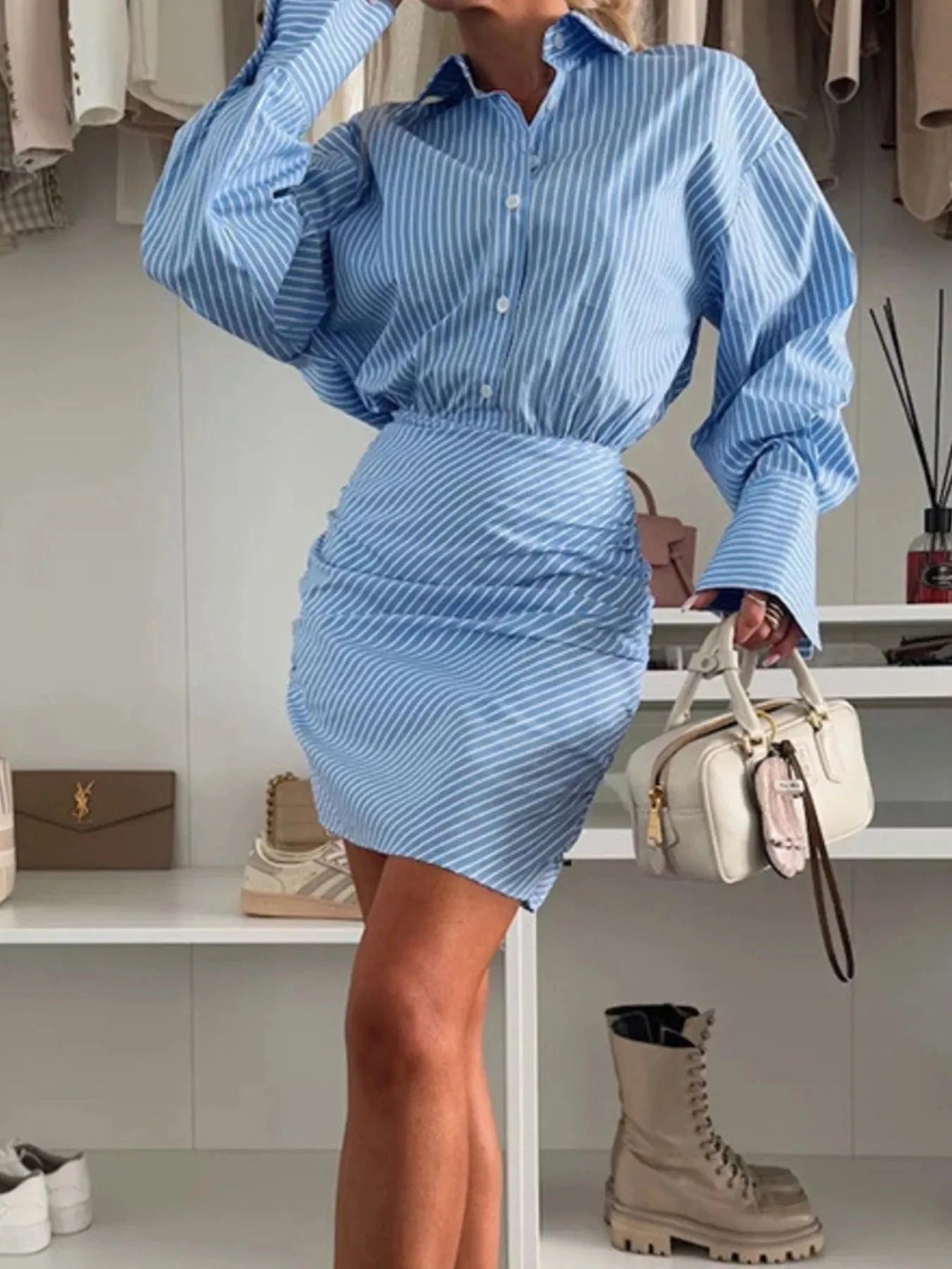 Striped Button Front Mini Shirt Dress