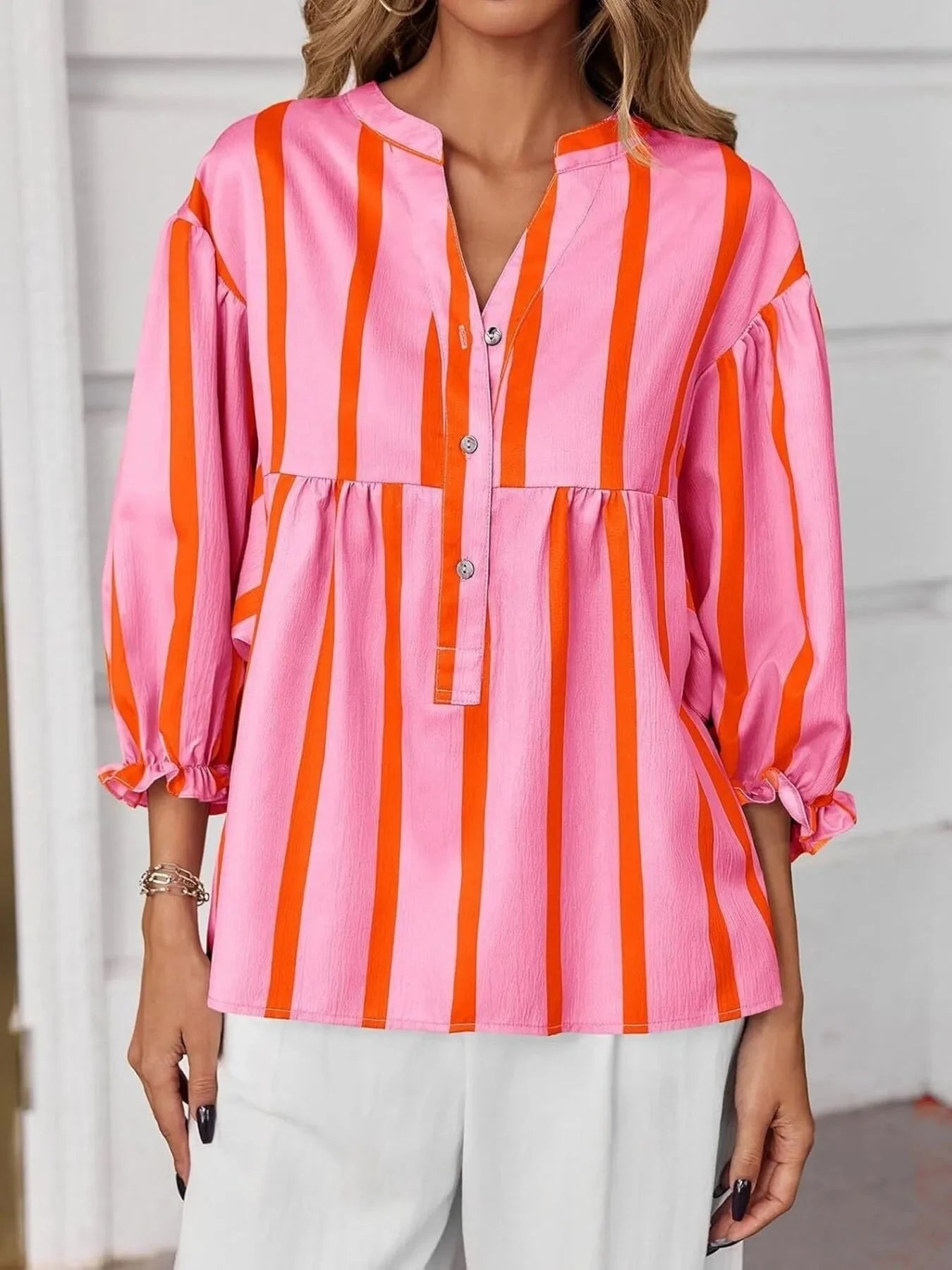 Striped Button Front Notched Blouse