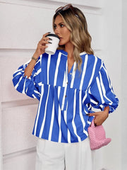Striped Button Front Notched Blouse