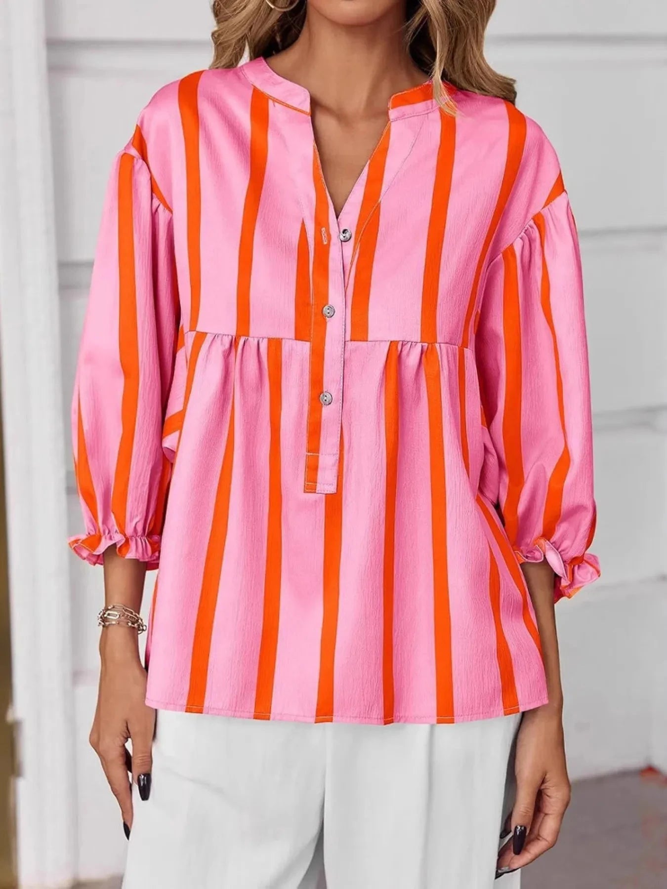 Striped Button Front Notched Blouse