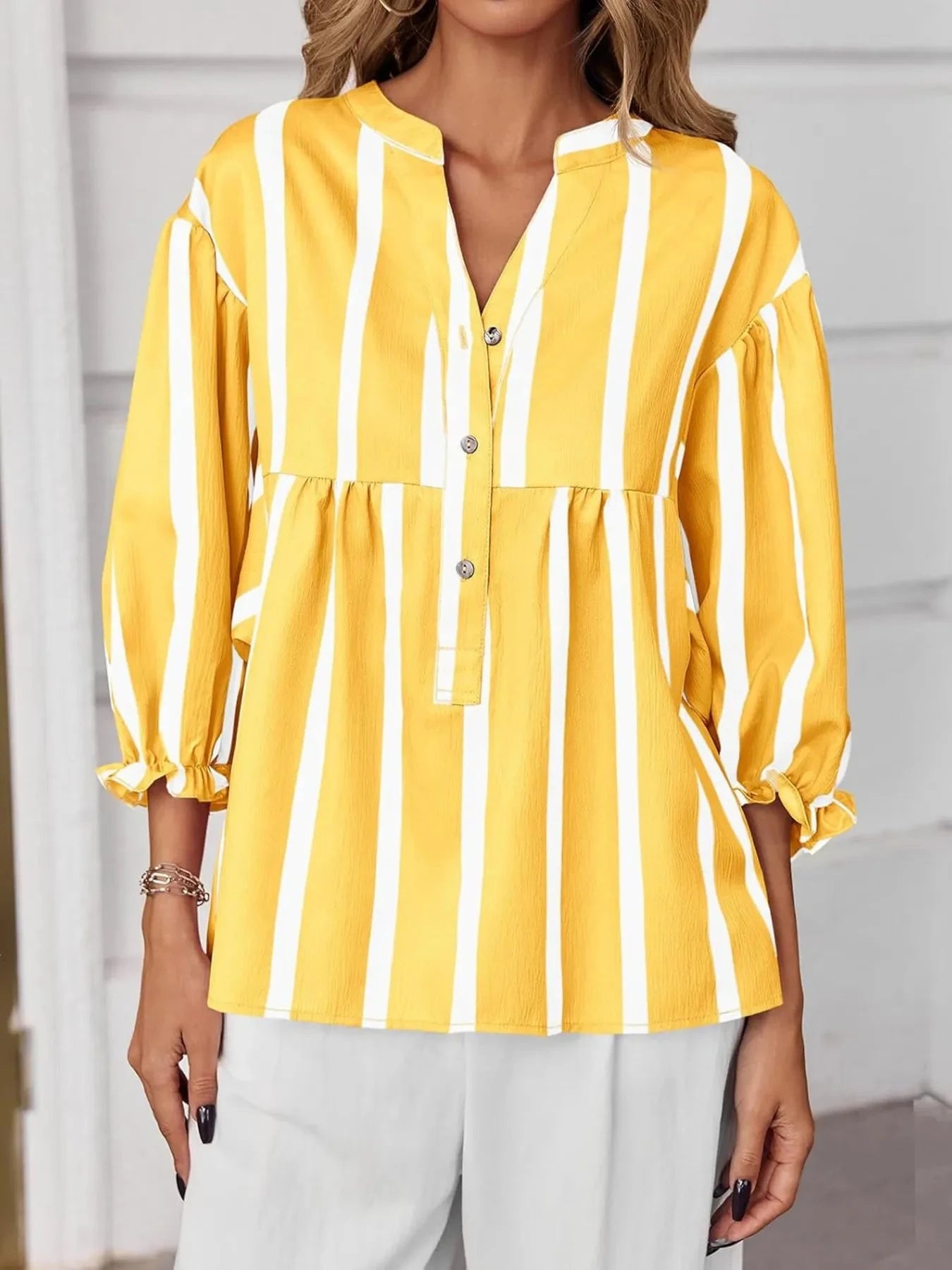 Striped Button Front Notched Blouse