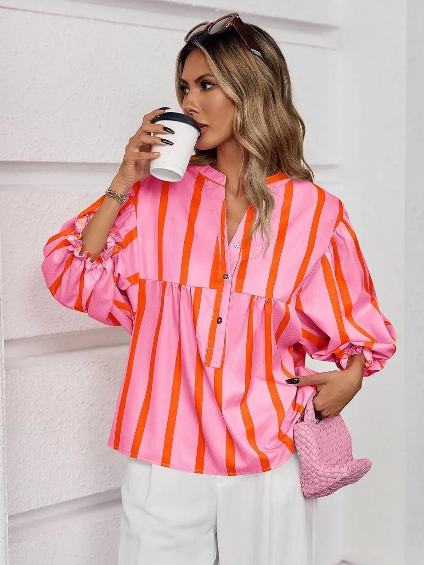 Striped Button Front Notched Blouse