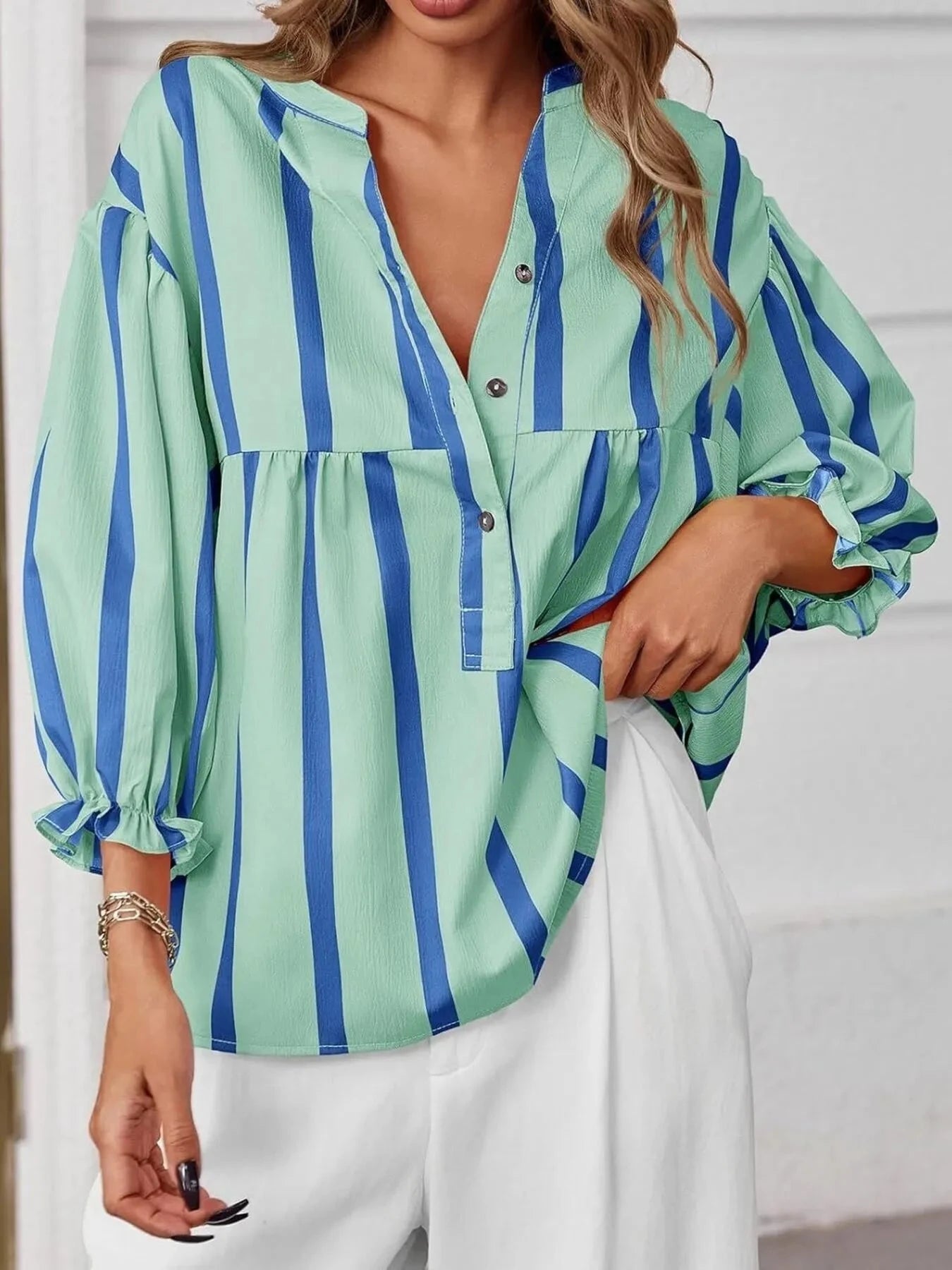 Striped Button Front Notched Blouse