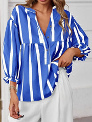 Striped Button Front Notched Blouse Blue / S