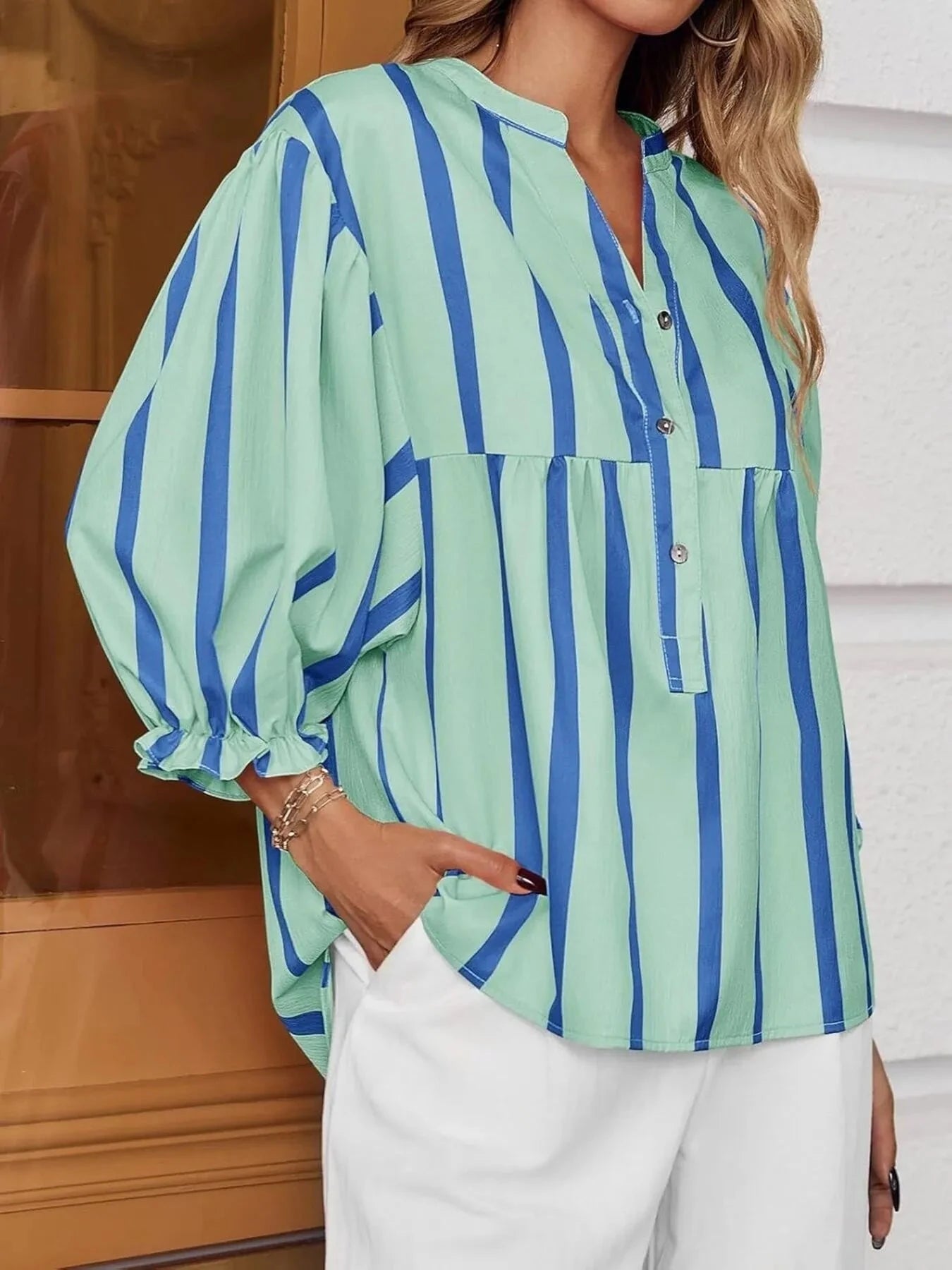 Striped Button Front Notched Blouse Light Green / S