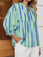 Striped Button Front Notched Blouse Light Green / S