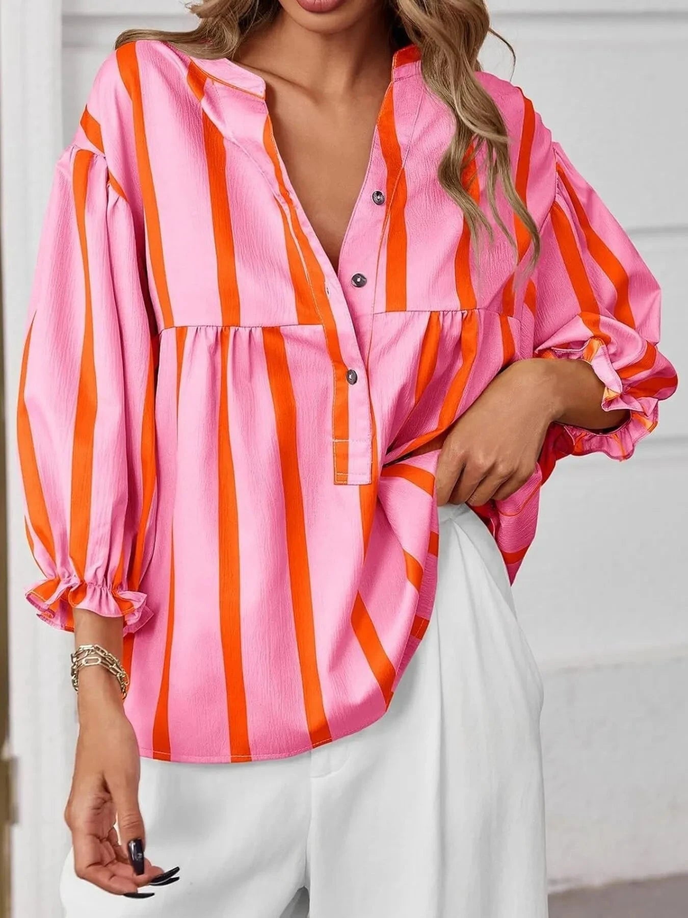 Striped Button Front Notched Blouse Pink / S