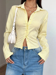 Striped Button Up Long Sleeve Shirt Light Yellow / S