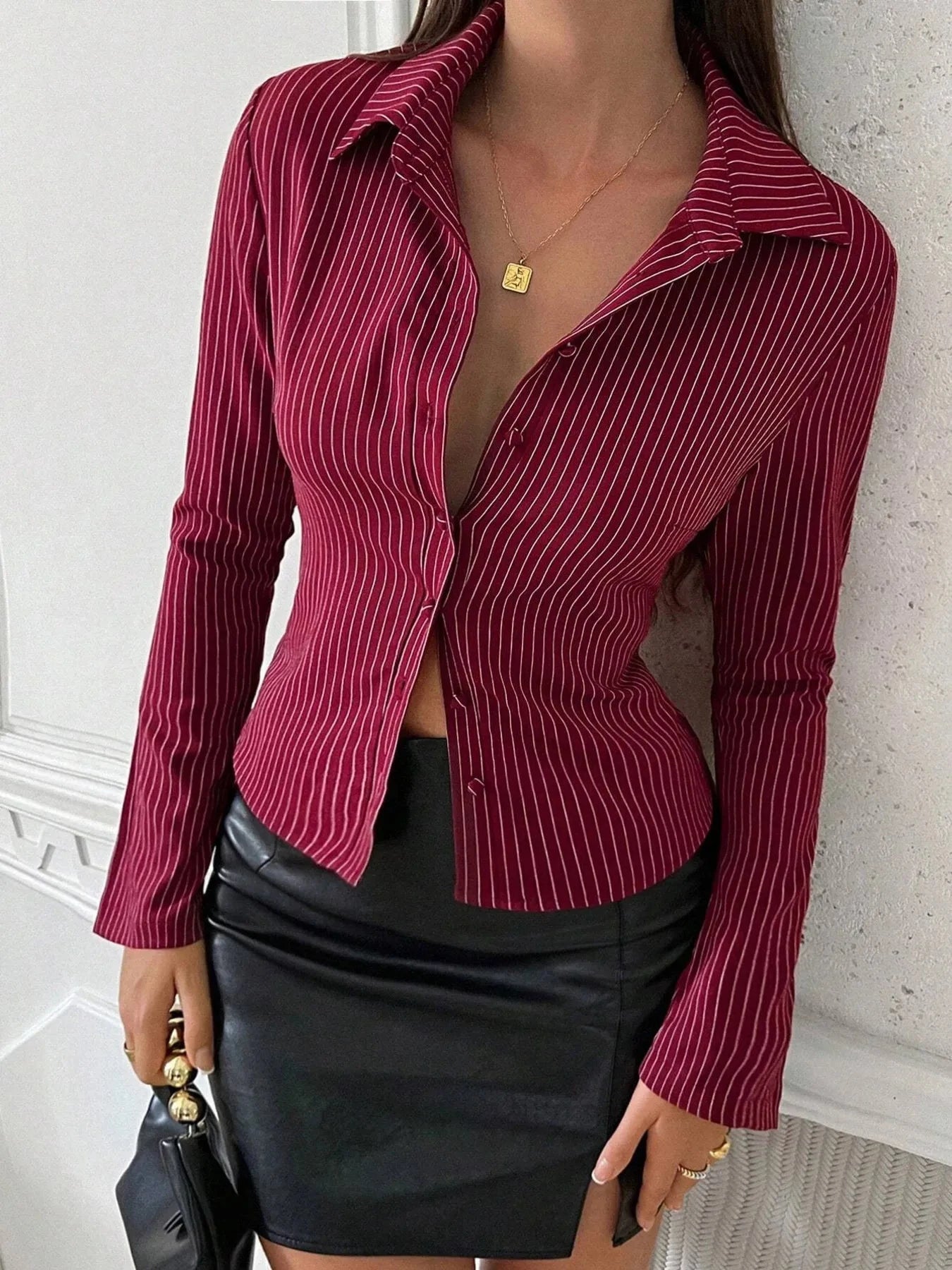 Striped Button Up Long Sleeve Shirt Wine Red / S