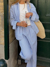 Striped Button Up Shirt and Pants Set Blue / S