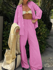 Striped Button Up Shirt and Pants Set Pink / S