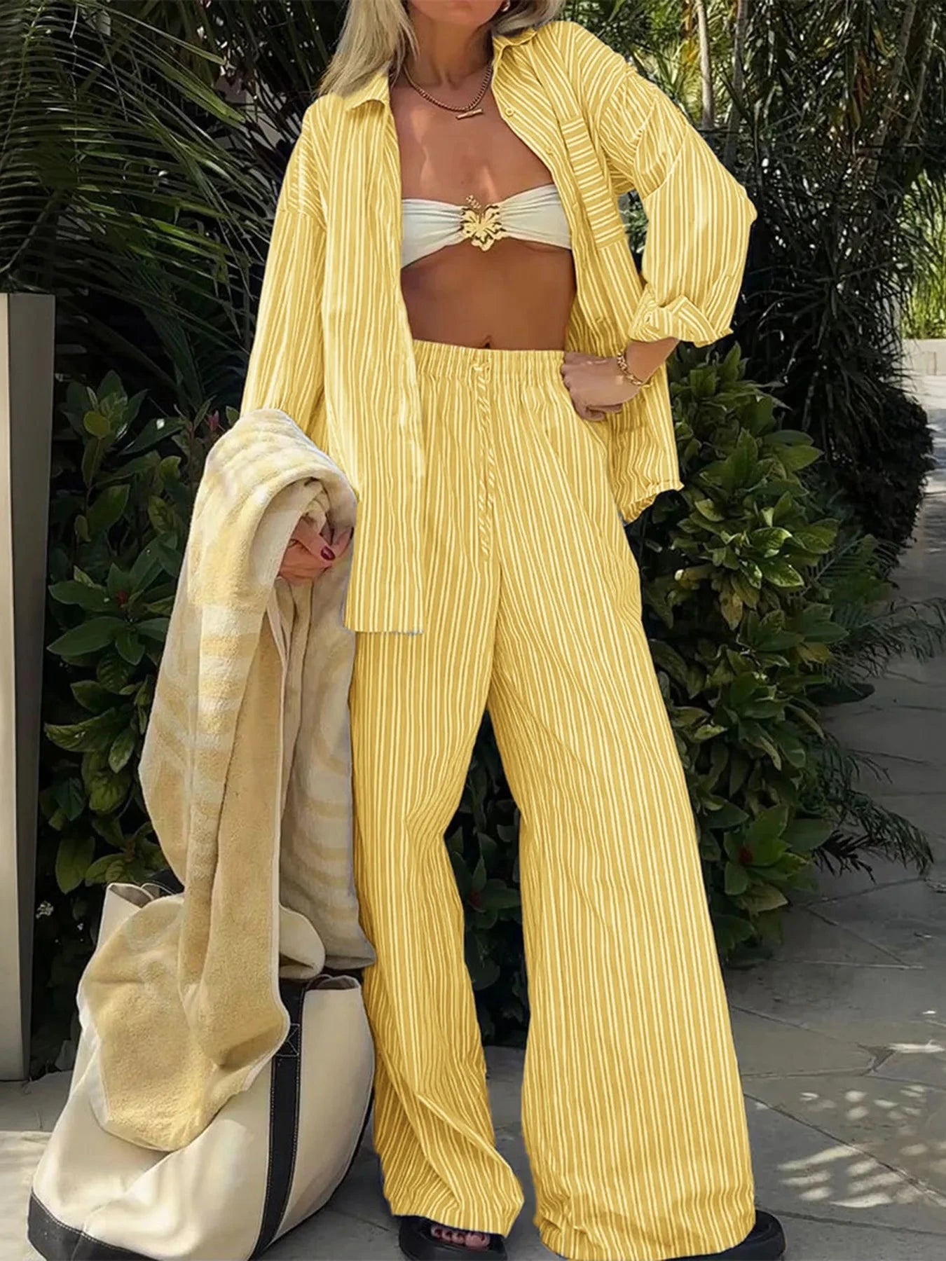 Striped Button Up Shirt and Pants Set Yellow / S