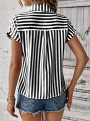Striped Button-Up Short Sleeve Shirt with Pocket