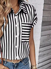 Striped Button-Up Short Sleeve Shirt with Pocket Black / S