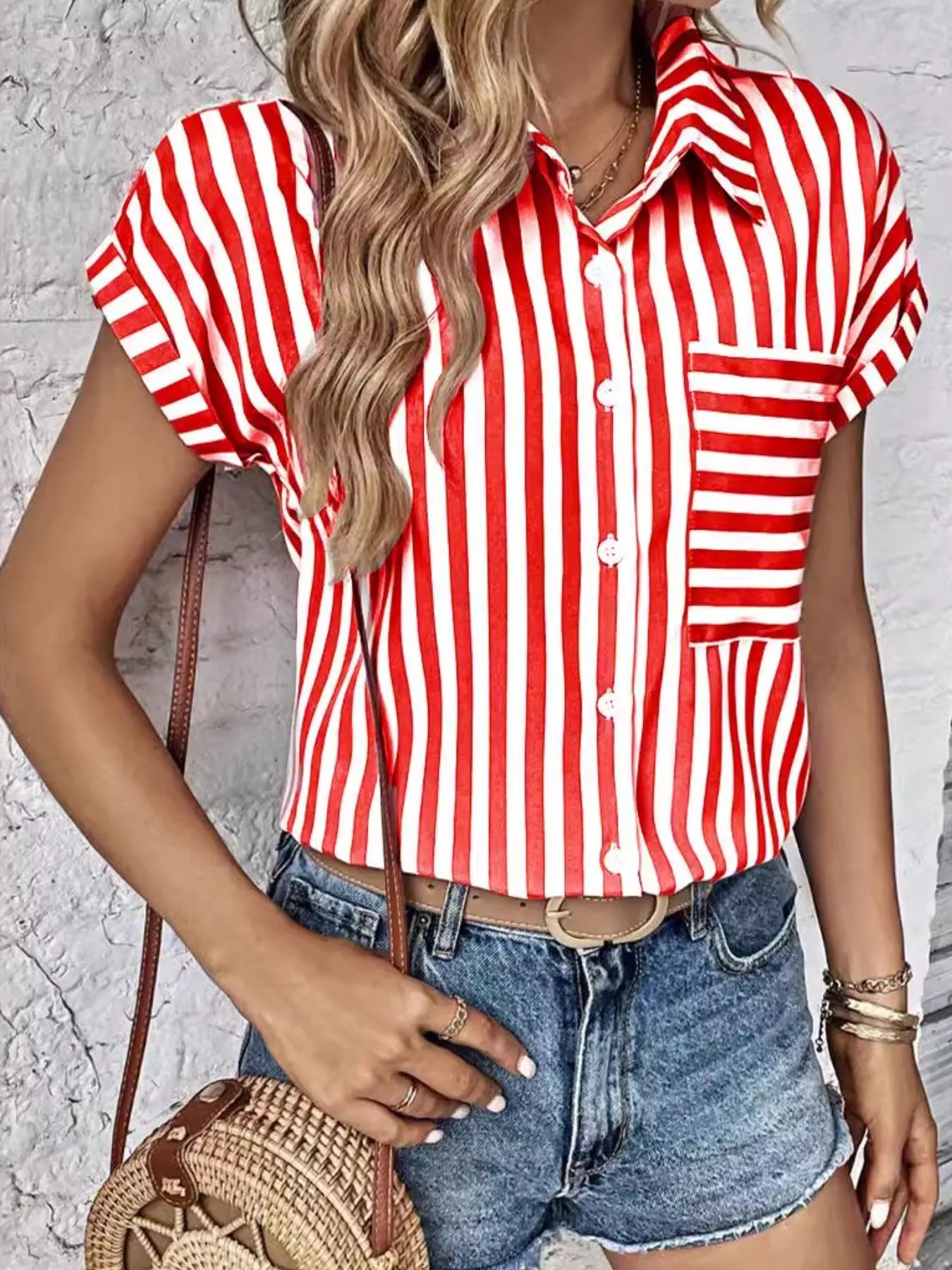 Striped Button-Up Short Sleeve Shirt with Pocket Red / S