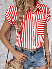 Striped Button-Up Short Sleeve Shirt with Pocket Red / S