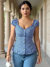 Striped Cap Sleeve Shirt Dusty Blue / S