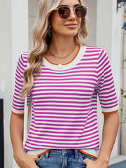 Striped Casual T-Shirt with Contrast Trim