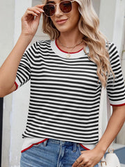 Striped Casual T-Shirt with Contrast Trim