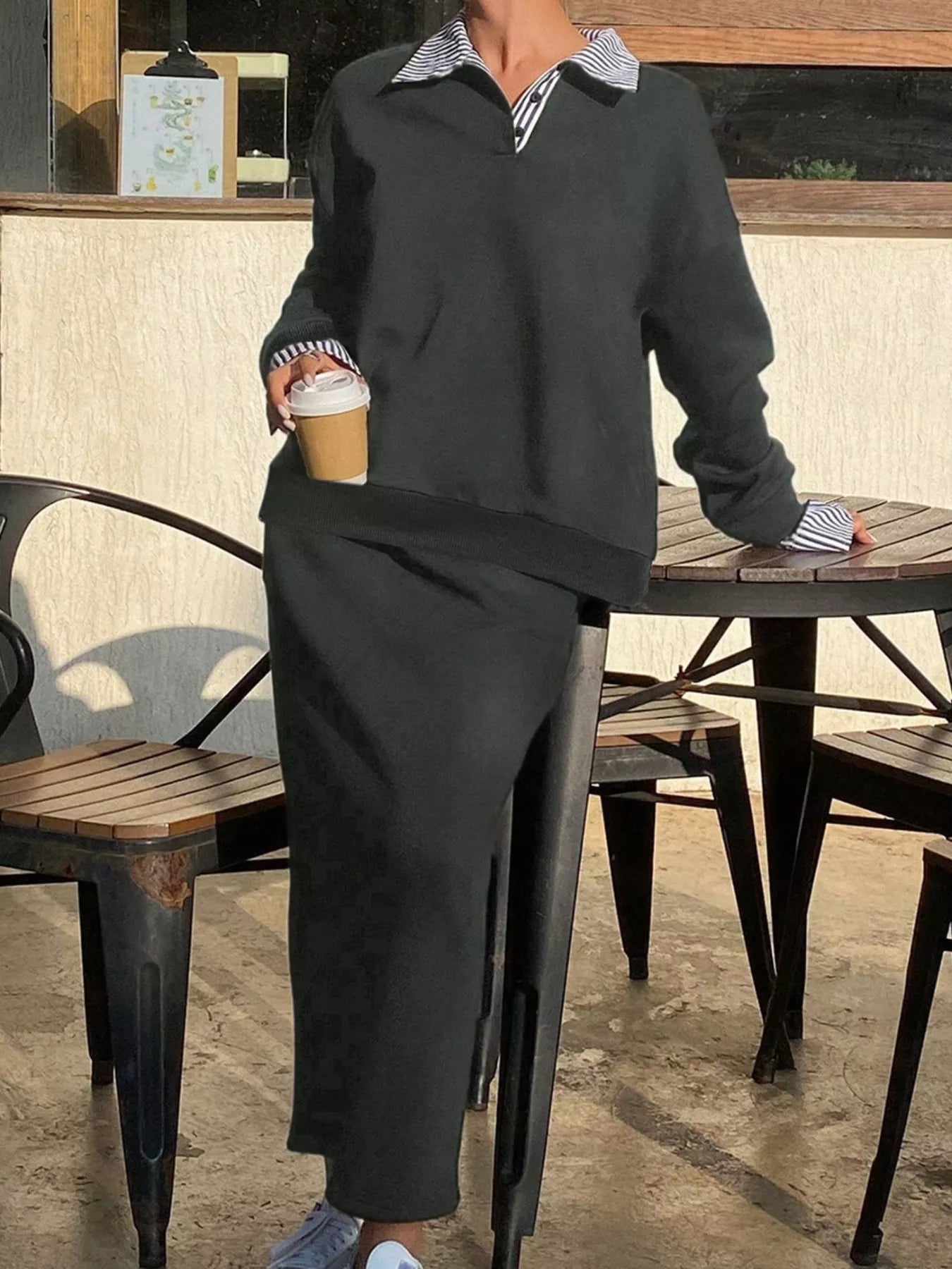 Striped Collar Sweatshirt and Slit Skirt Set