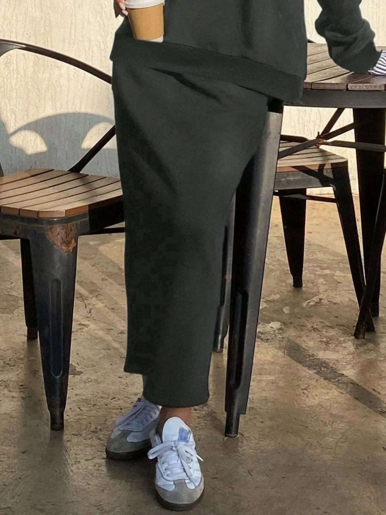 Striped Collar Sweatshirt and Slit Skirt Set