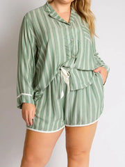 Striped Collared Neck Long Sleeve Top and Shorts Lounge Set Sage / S