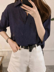 Striped Collared Neck Shirt Dark Navy / M