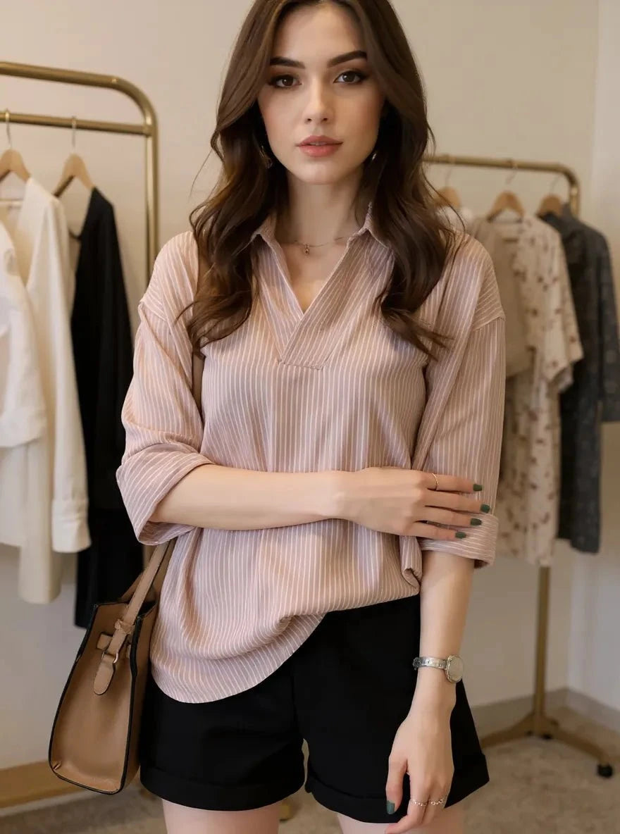 Striped Collared Neck Shirt Pale Blush / M