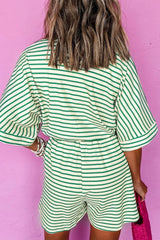 Striped Half Sleeve Tie Waist Romper