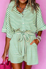 Striped Half Sleeve Tie Waist Romper