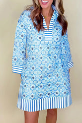 Striped Hem Printed 3/4 Sleeve Dress