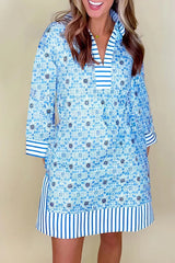 Striped Hem Printed 3/4 Sleeve Dress Pastel Blue / S
