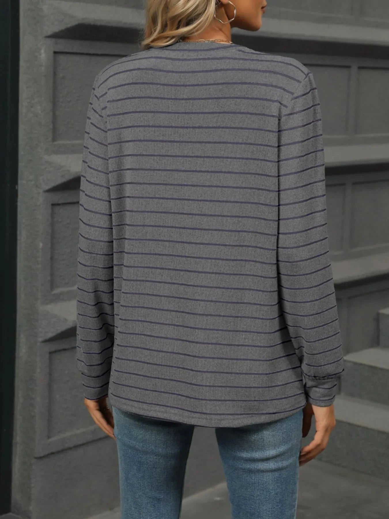 Striped Henley T-Shirt with Button Detail