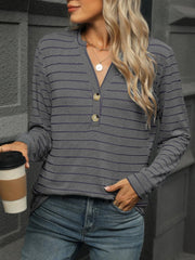Striped Henley T-Shirt with Button Detail