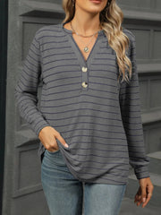 Striped Henley T-Shirt with Button Detail