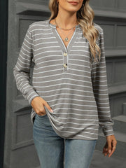 Striped Henley T-Shirt with Button Detail Gray / S