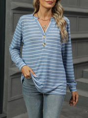 Striped Henley T-Shirt with Button Detail Light Blue / S