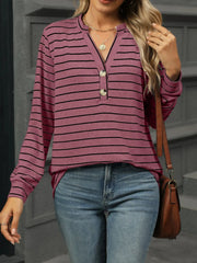 Striped Henley T-Shirt with Button Detail Moonlit Mauve / S