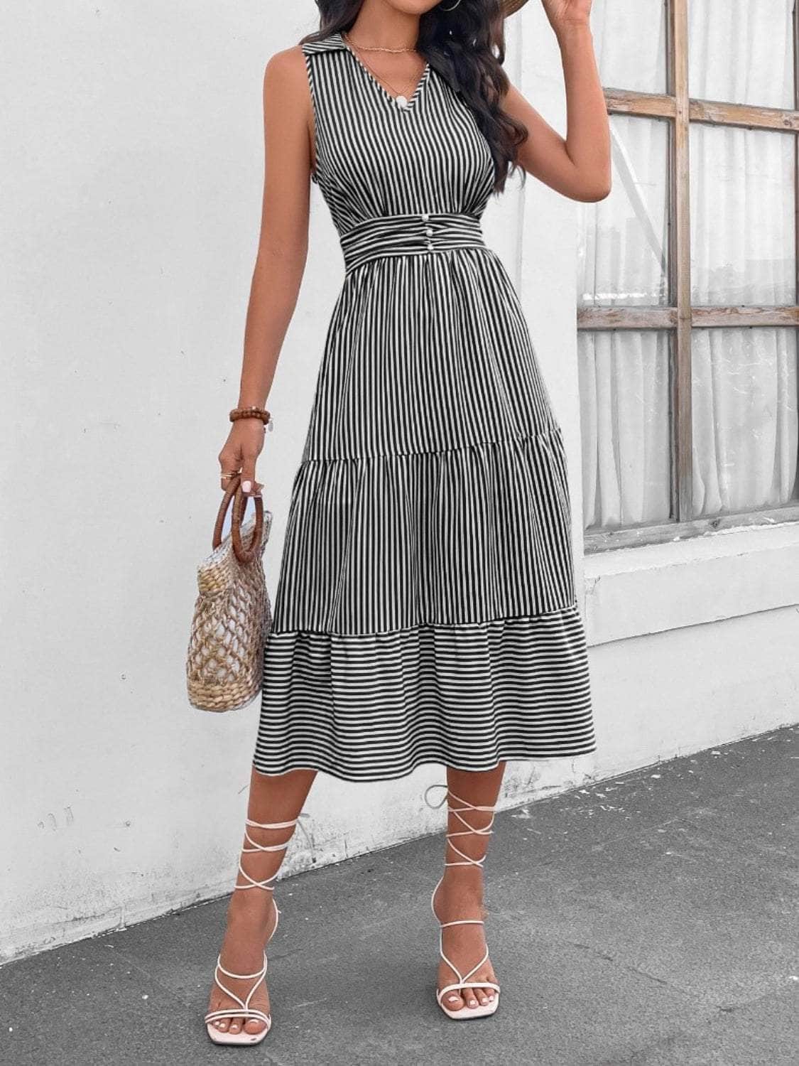 Striped Johnny Collar Sleeveless Midi Dress Black / S
